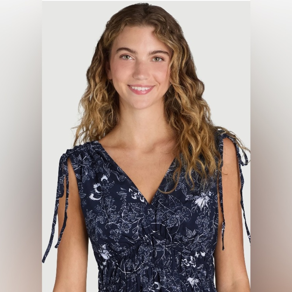 SOLD-NWOT Time and Tru Women’s Tie Shoulder Mini Dress, Botanic Dark Navy-Large - Picture 7 of 12